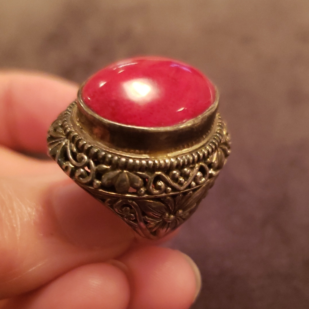 Elegant Silver (925) Ring with Red Stone, Approx. Size 10.5